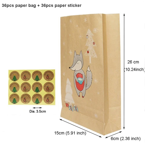 36 шт Счастливого Рождества крафт бумажные пакеты для подарков с наклейкой лиса Лось Снежинка подарочные пакеты конфеты еда печенья Упаковочные пакеты - Цвет: 36sets