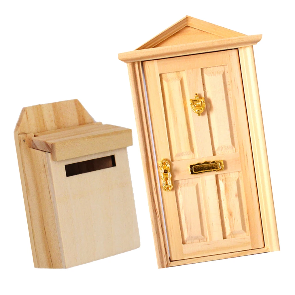 1:12 Dollhouse Miniature Accessory Wooden 4 Panels Door Outwardly Open & Mailbox Natural