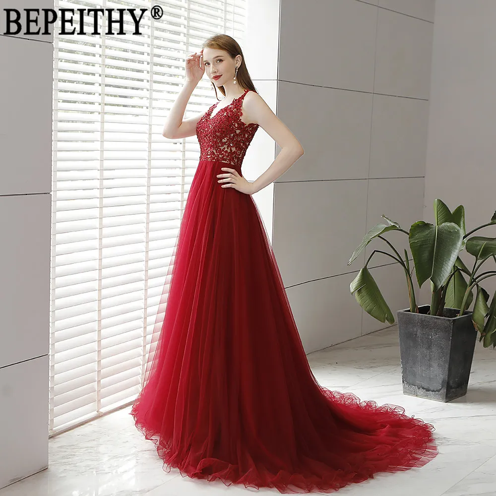 BEPEITHY, Vestidos De Gala Largos, Новое поступление, торжественное платье, бордовое, тюль, v-образный вырез, аппликация, бисер, Длинные вечерние платья