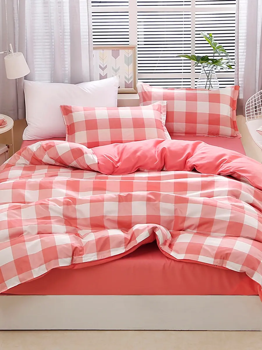 

3/4Pcs Home Linen Set Creative Design Plaid Pattern Soft Comfy Durable Beddings