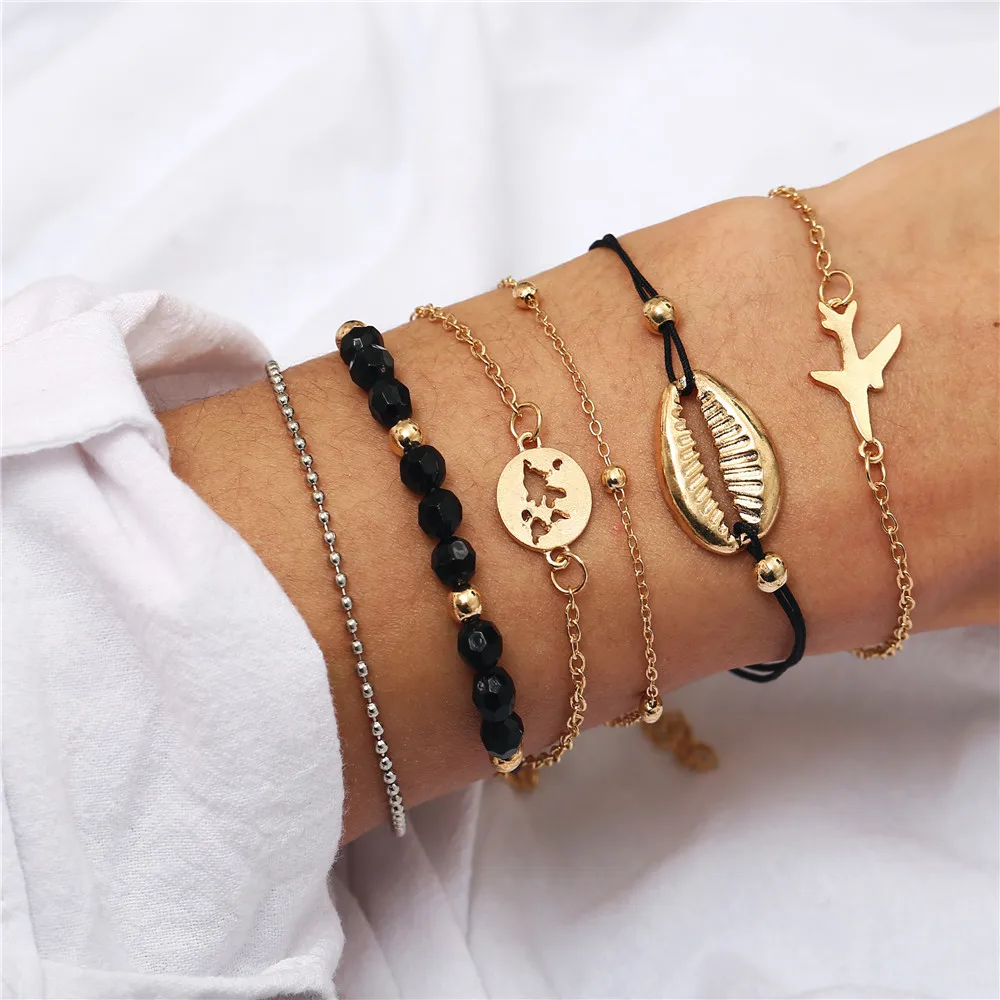 Bohemian Beads Charm Bracelets Set For Women New Fashion Shell Pineapple Map Stone Multilayer Bracelet Female Party Jewelry 2019