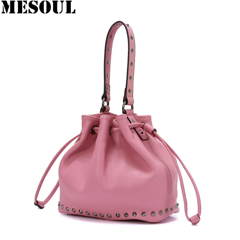 

MESOUL Women Handbags Genuine Leather Crossbody Shoulder Bags Ladies Fashion Rivet Messegner Portable Bucket Bag Female Small