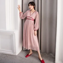 YIGELILA женское длинное платье в красный горошек модное приталенное шифоновое платье с v-образным вырезом и рукавом-фонариком 64968