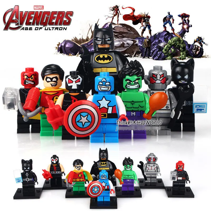Goede 8 stks MIGHTY MICROS Rode Schedel Bane Ultron Hulk Batman Robin Kat Vrouw Super Heroes minifig Model Bouwstenen Kids speelgoed
