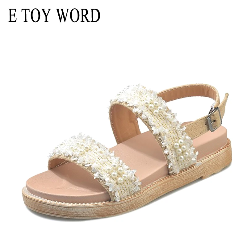 

E TOY WORD Roman sandals 2019 New Women Summer Shoes Fashion Wild Sweet Pearl word Strap buckle flat beach sandals women