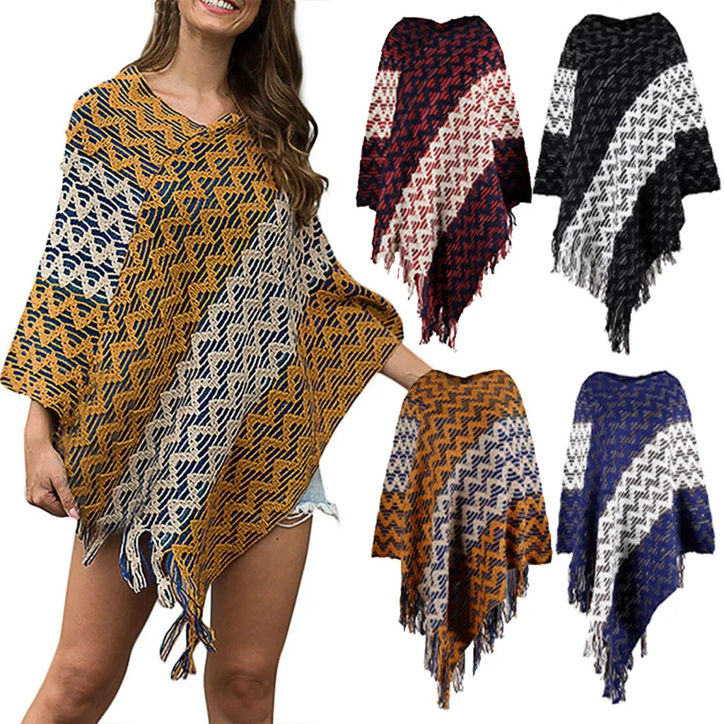 

2019 Sweater Women V-Neck Patchwork Wave Stripe Cloak Loose Shawl Cardigan Sweater Coat Pull Femme Sueter Mujer Invierno Jumper