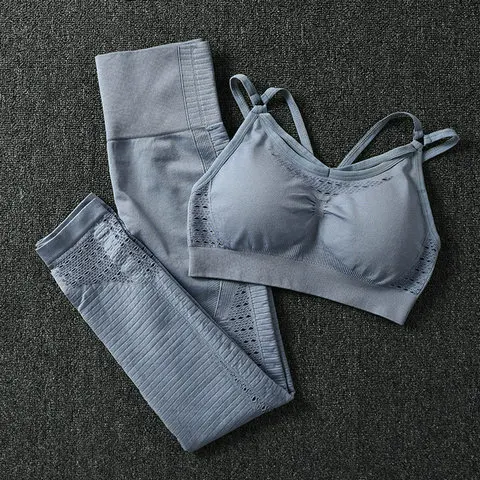 Gray Blue Set Комплект из 2 предметов; спортивные костюмы Бесшовный Йога набор мягкий пуш-ап спортивный бюстгальтер Для женщин Фитнес Костюмы женские спортивные Леггинсы, штаны для тренировки - Цвет: Gray Blue Set