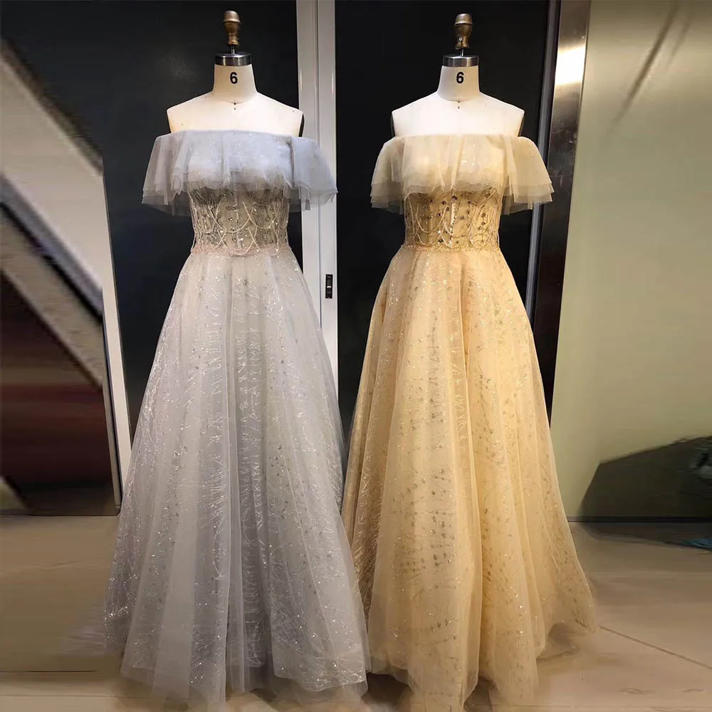 

Silver Ball Gown Evening Dresses Long Strapless Crystals Tulle Evening Gowns Formal Dress YQLNNE