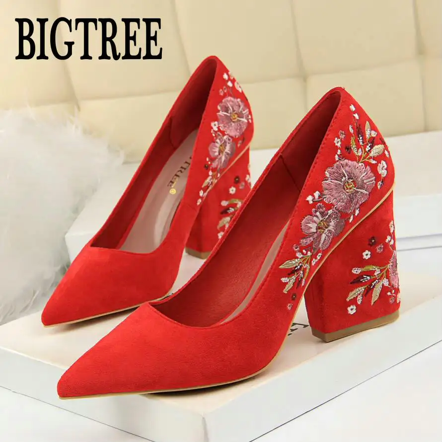 

BIGTREE Embroider Women Pumps 8.5cm High Heels Pointed Toe Dress Wedding Pumps Comfortable Ladies Shoes Elegant Shoes Woman 1751