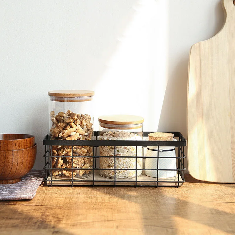 

Multifunction 1PC Rectangle Irons Creative Wood Bottom Storage Basket Vegetable Fruit Bread Basket Nordic Home Kitchen Style