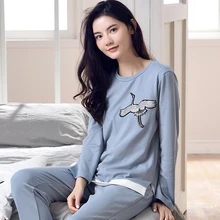 Стильный милый пижамный комплект для женщин, хлопок, животное, лебедь, вышивка, ночная рубашка, Женский Повседневный осенне-зимний пижамный комплект