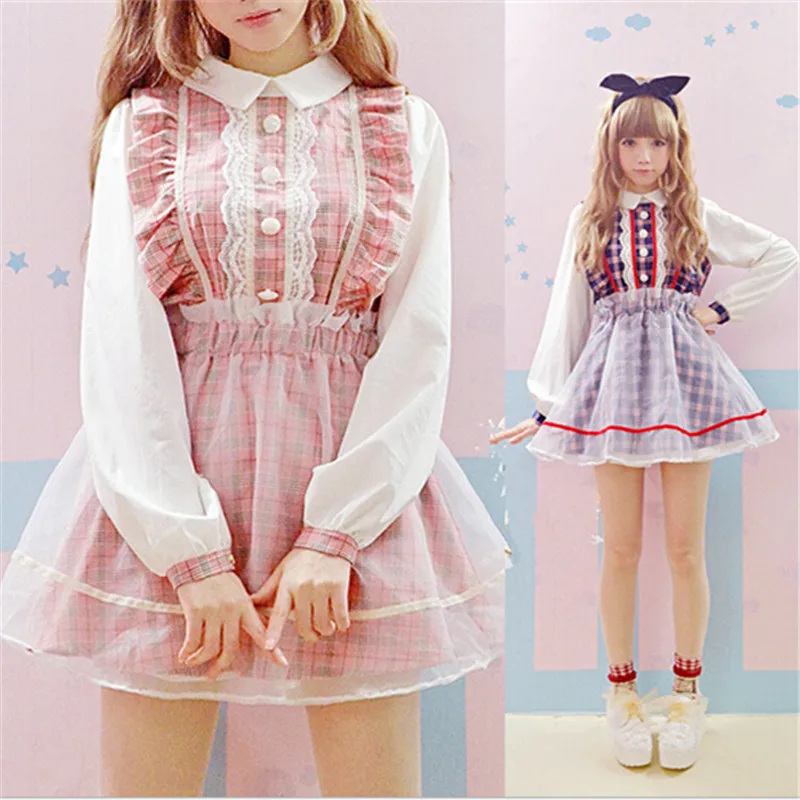 Plaid Lolita kawaii kleding Jurk Kant Mesh Lange Mouwen Flounce Jurk