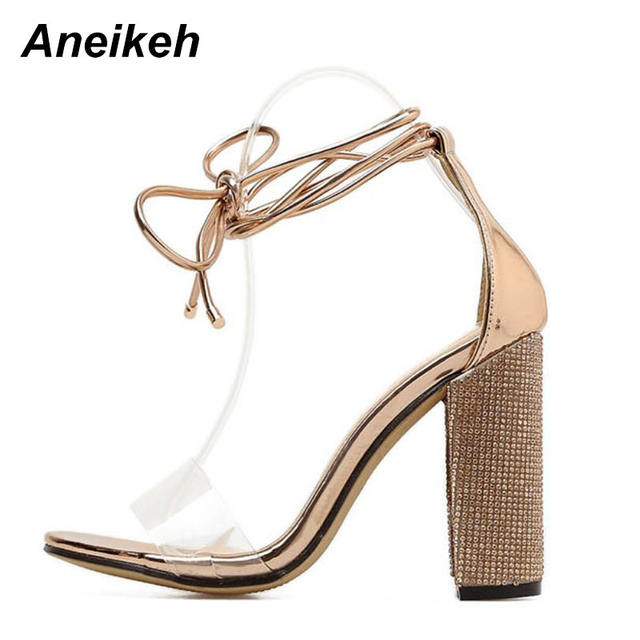 Aneikeh Women High Heels Sandals Summer Square Heels Crystal Heeled Platform Shoes Ladies Sexy Party Wedding Lace Up Shoes