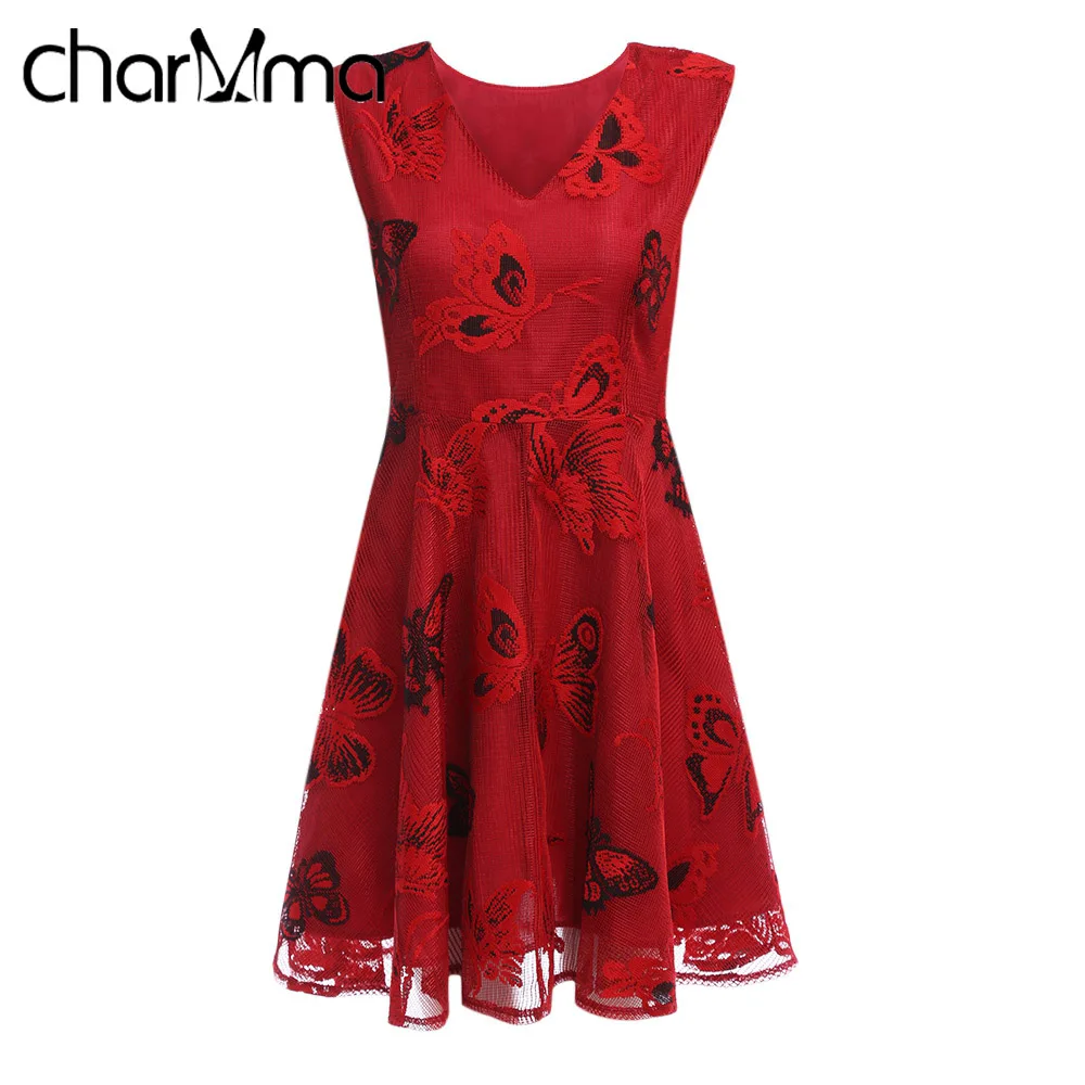 CharMma Красные Бабочки Вышивка Лето Dress Женщины 2017 О Образным Вырезом Без Рукавов