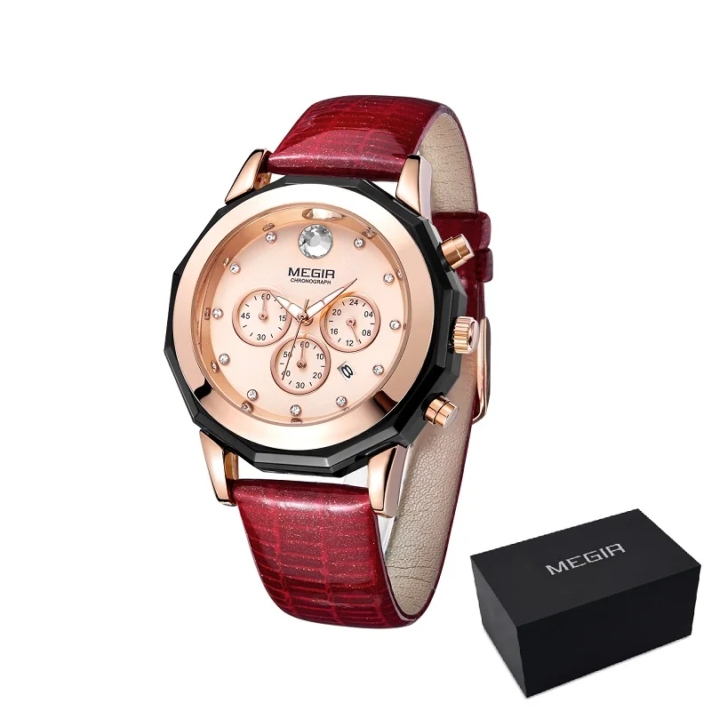 MEGIR Роскошные Брендовые женские часы с хронографом модные кожаные наручные кварцевые часы для девушек женские часы для влюбленных платье часы 2042 - Цвет: RED PLUS