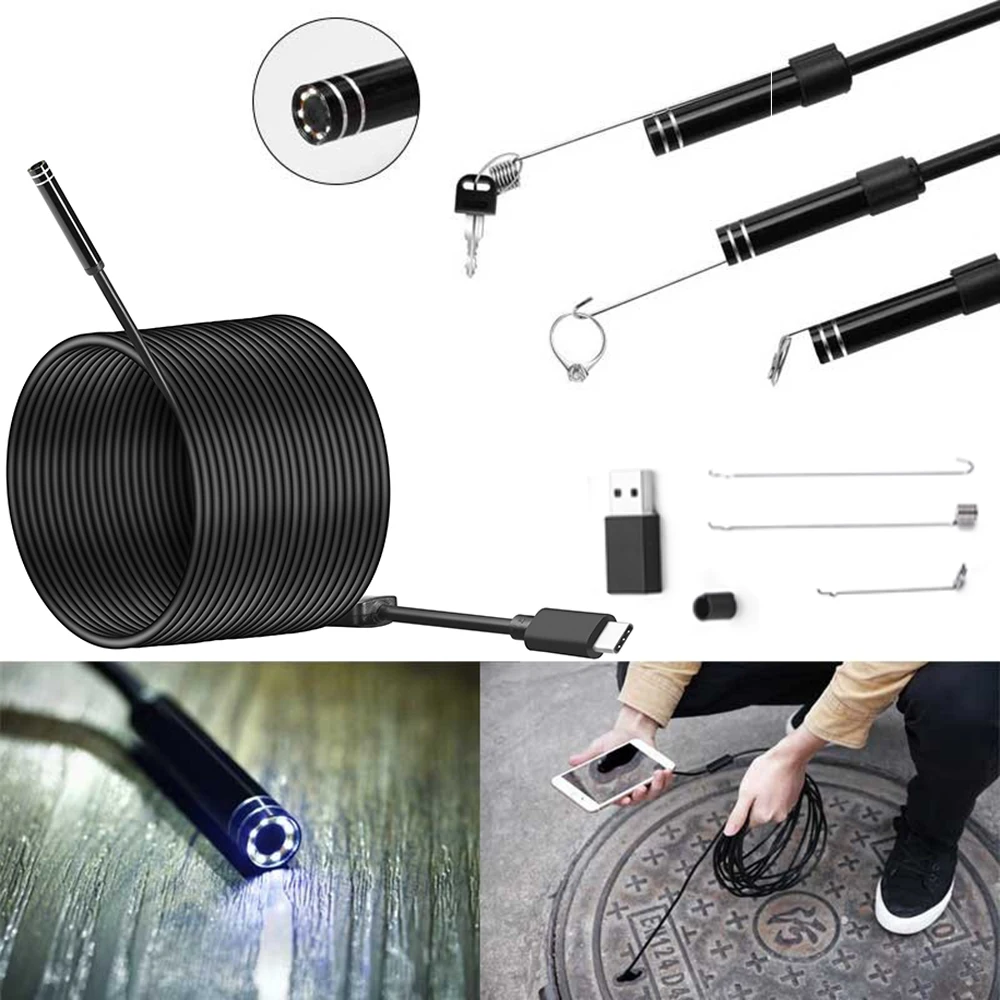 5.5mm Lens Android USB Type-C Endoscope Camera Flexible Snake USB Type C Hard Wire  10M Cable Inspection Camera Borescope