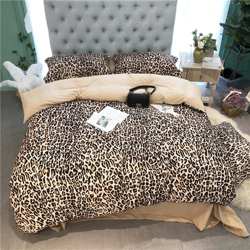 US $275.00 Luxury Leopard 100 cotton Printed Flower leaf Bedding sets Sanding Queen King Pastoral Duvet cover Bed sheet set Pillowcase 4pc