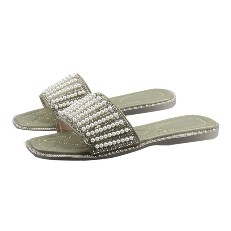 

Women's Shoes Holiday Beach Shoes Outside the New Summer Diamond Pearl Flat-soled Slippers of 2019
