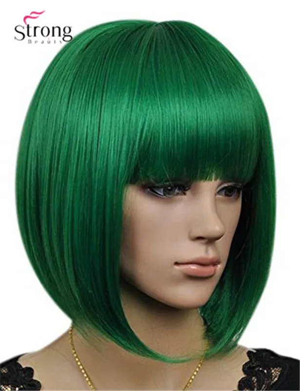 Women`s Cosplay Party Kanekalon Synthetic Fiber Short Straight Dark Green Bob Hair Full Wigs2