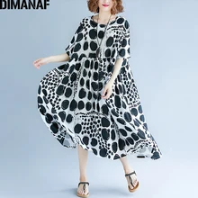 DIMANAF женское летнее платье больших размеров Femme большие платья одежда с принтом в горошек черные элегантные женские повседневные свободные льняные длинные платья