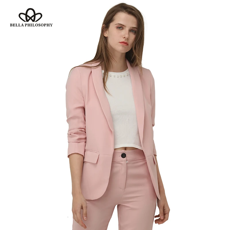 

Bella Philosohy Spring Pink Blazer Women OL Puff Sleeve Workwear Blazer Coat No Button Three Quarter Ladies business Outwears