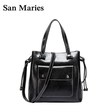 

San Maries Women Shoulder Bag Casual Designer Handbags High Quality Oil Wax Cow Leather Girls Tote Bag Crossboday Messenger Bag