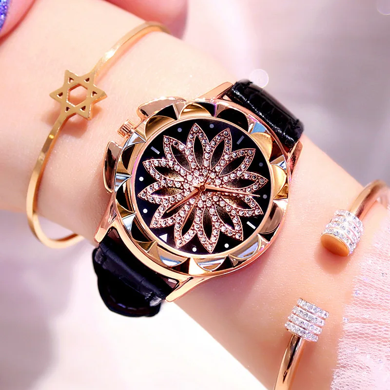 

Luxury Women Watch Creative Flower Dial Leather Ladies Watch Red Fashion Exquisite Geometric Quartz Watch Relogio Feminino