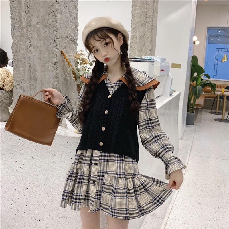 

New Women's Spring Korean Fashion Clothing Lap Top Students Plaid Dress + Short Vest Sweater Casual Fashion Sweet Two Piece Set