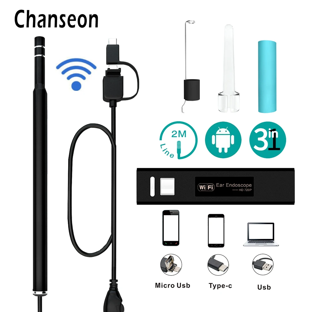 3-в-1 5,5 мм Wi-Fi ухочистка эндоскопическая Водонепроницаемая камера для Камера для iPhone и Android телефон отоскопы эндоскопии шесть языков 720P Камера