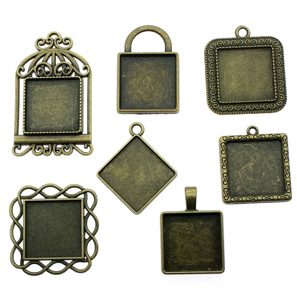 

8pcs/lot Fit 20mm Square Glass Cabochon Base Setting Pendant Tray For Jewelry DIY Making Antique Bronze Color FM1003