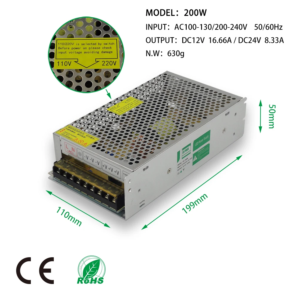 200 W Светодиодный Питание, светодиодный полоски, DC12V/24 V, Водонепроницаемый, адаптер трансформатор, IP20, Крытый Применение, Светодиодный линейный свет, панель