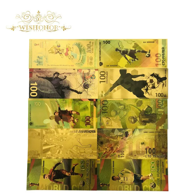 

10pcs/lot Nice Russia Banknote World Cup Set Banknotes 100 Rouble Gold Banknote in 24K Gold Plated Money For Collection