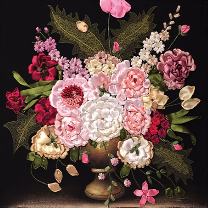 

60X50cm Flowers DIY 3d Cross Stitch Kit Needlework Unfinished Ribbon Embroidery Painting Stitching Handicraft Gift Decoration