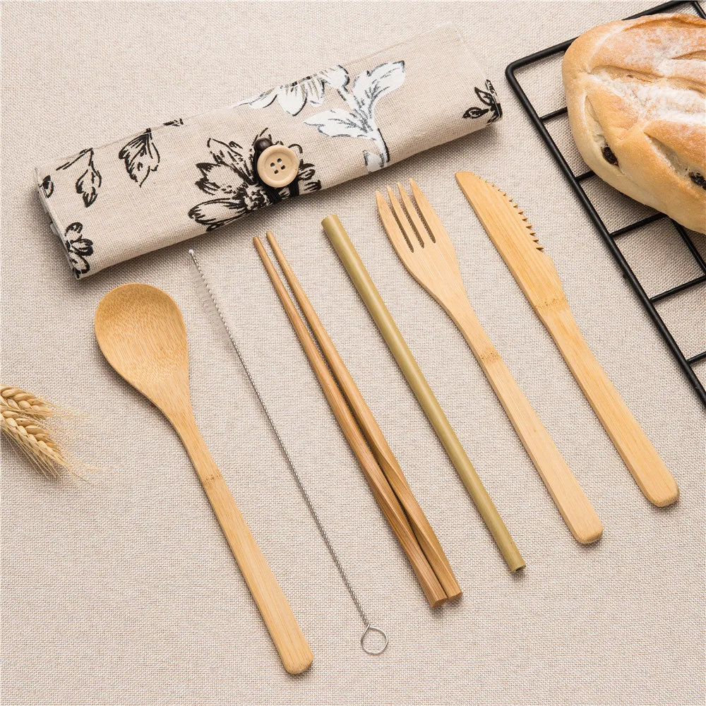 

Portable Travel Dinnerware Set Bamboo Cutlery Straw Korean Chopsticks Knife Dinner Fork Spoon Set Brush Cloth Bag Eco Dinnerware