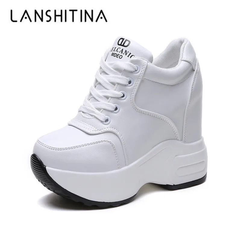 

Women's Ankle Boots 2018 Autumn PU Leather Shoes Woman Platform Height Increased Sneakers 10 CM Thick Sole Wedges White Boots
