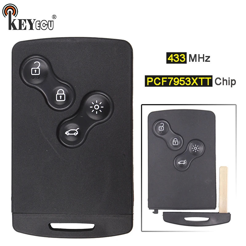 

KEYECU 433MHz PCF7953XTT 4 Button Replacement Smart Remote Car Key Fob for Renault Clio 4 IV with Uncut Blade