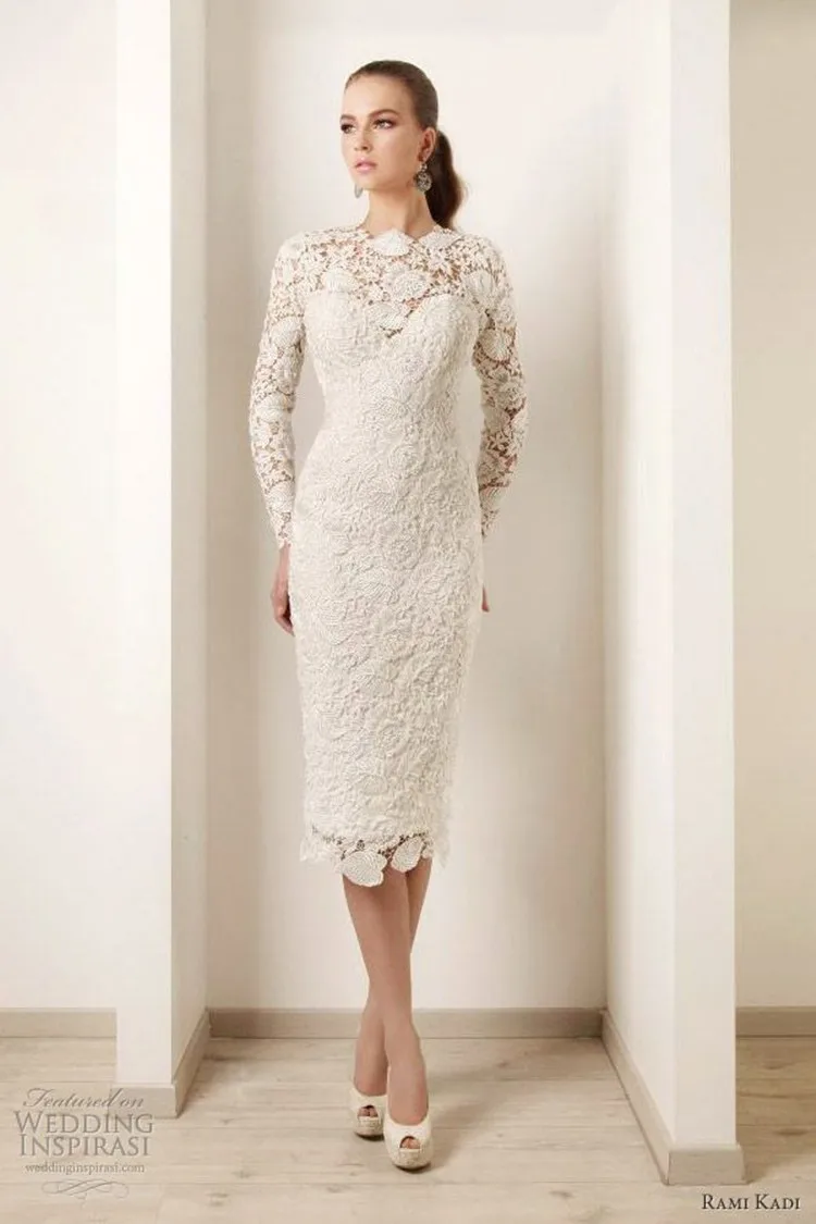 Short white lace sheath wedding dress