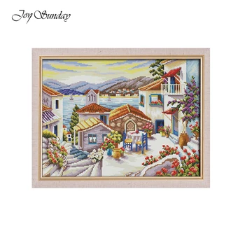 

Joy Sunday Beach House Scenic Painting Cross Stitch Kits for Embroidery Needlework Sets DMC 11CT 14CT Printed Canvas Home Decor