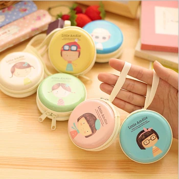 

35PCS / LOT Women Tinplate Coin Purses Round Zipper Zero Wallet Girl Wallets Cute Coin Bag Mini Cartoon Printing Earphone Bag