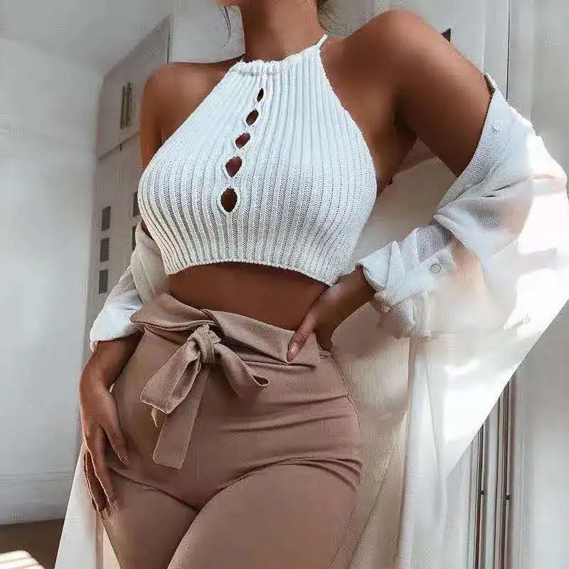 

KLEEZY 2019 New Summer Sexy Solid White Hollow Out Halter Tight Lady Knitted Sleeveless Fashion Top and Blouse Femme Tank BY1020