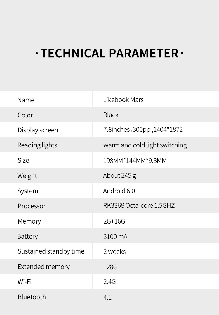BOYUE 7.8 Inch T80D Likebook Mars eBook Reader e-ink eReader 8 Core Android 6.0 2G/16G Card Slot 128G Extend Front Light e-Book