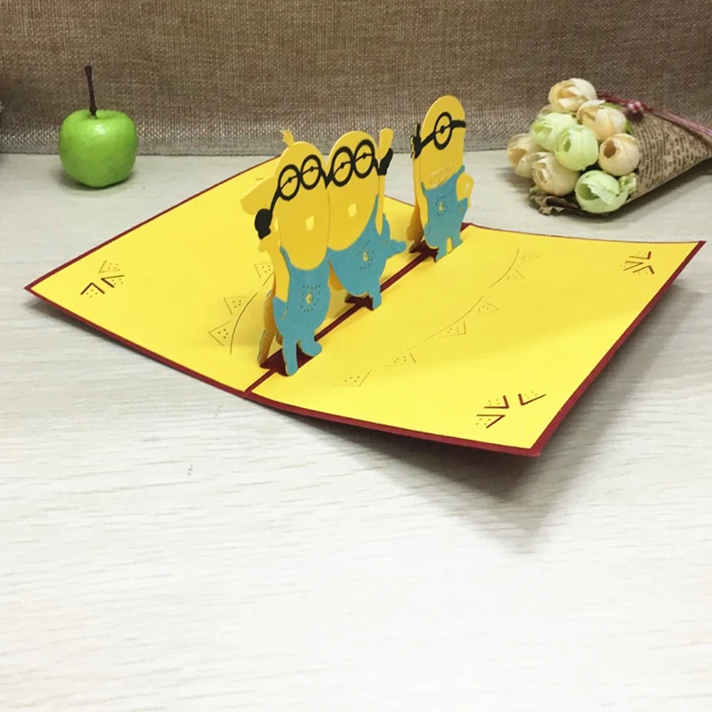 1pcs Sample Minions Postcard Greeting Gift Cards Kraft Kirigami 3D Handmade Pop Up Laser Cut with Envelope Kids Birthday Gifts (3)