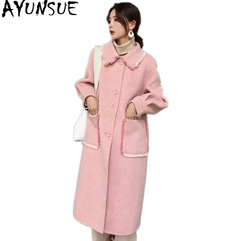 AYUNSUE Korean Wool Coat Women Double sided Woolen Coats Pink Long