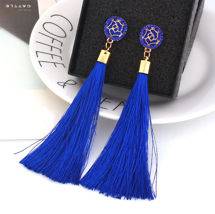 

Bohemian Crystal Tassel Earrings Silk Fabric Exaggerated Flower Long Drop Dangle Earrings For Women Big Statement Jewelry