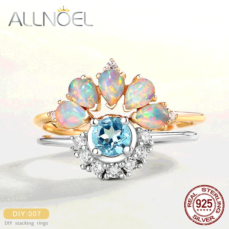 ALLNOEL, 925 пробы, серебро, сделай сам, ручная работа, штабелирование, Золотое кольцо для женщин, натуральный опал, циркон, алмаз, топаз, свадебные кольца, наборы