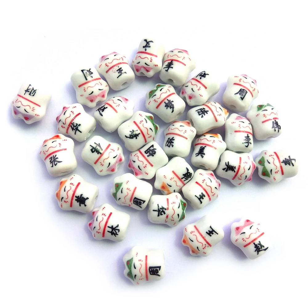 50 шт./лот, керамические подвески в форме кошки, амулеты с китайскими персонажами