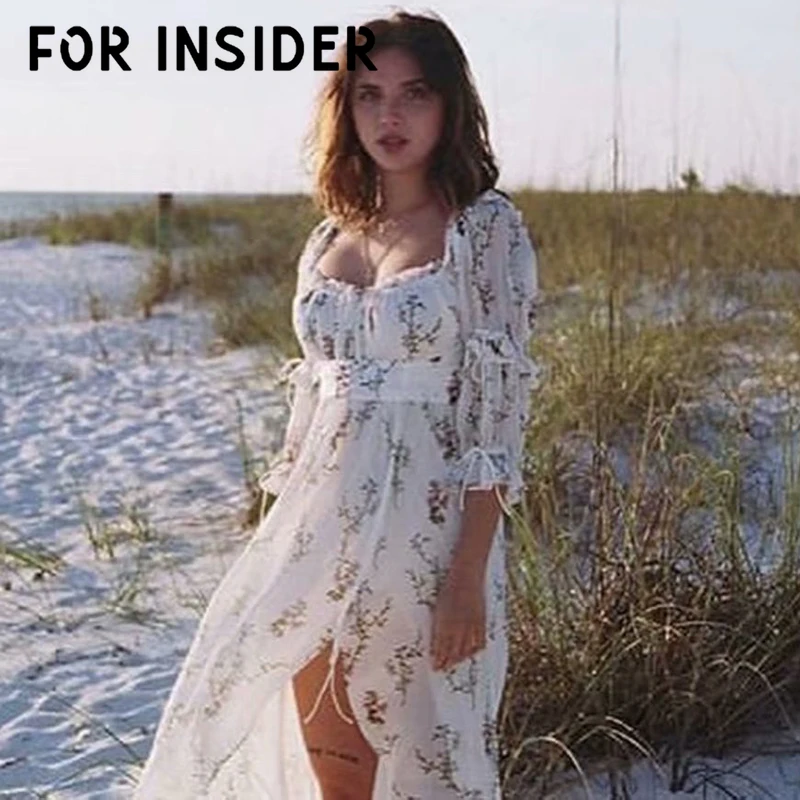 

For Insider Boho lace up floral midi chiffon dress Hollow out ruffles split summer dress women Elegant high waist beach dress