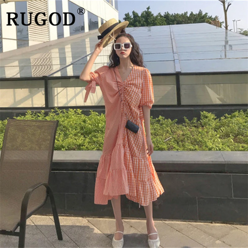 RUGOD модное клетчатое лоскутное длинное летнее платье для женщин Корейский шик фонарь рукав Офисная Женская одежда элегантные платья на завязках