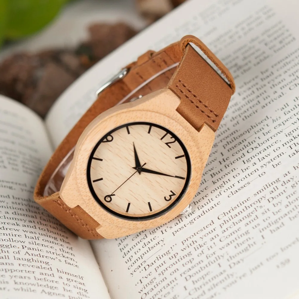 BOBO BIRD WA31A32 Bamboo Wooden Watches for Men Women Number Scales Leather Band Lovers Quartz Watch