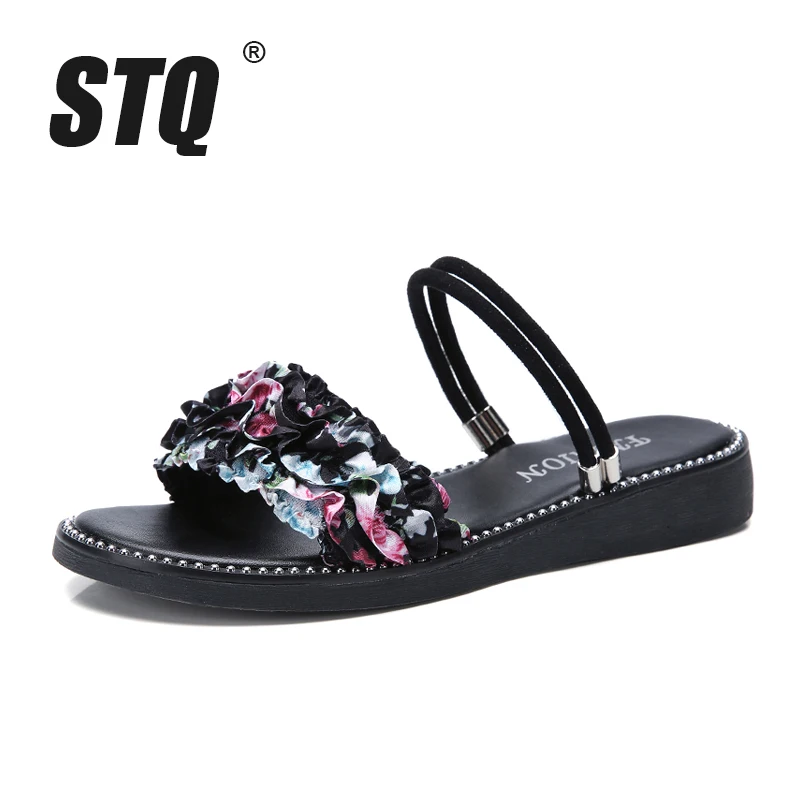 STQ/; летние женские сандалии; сандалии на плоской подошве с цветочным принтом; женские резиновые сандалии на плоской подошве; шлепанцы; женские сандалии-шлепанцы на низком каблуке; 9603